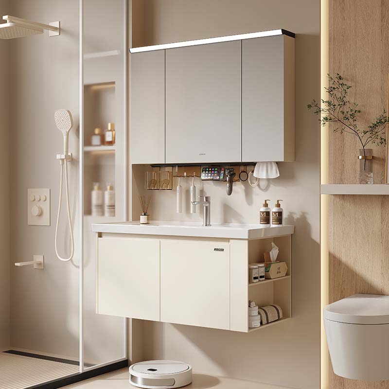 ARROW Stainless Steel Bathroom Cabinet with Smart LED Mirror and Ceramic Wash Basin Wall Mount Set Side Right Open Storage Shelf