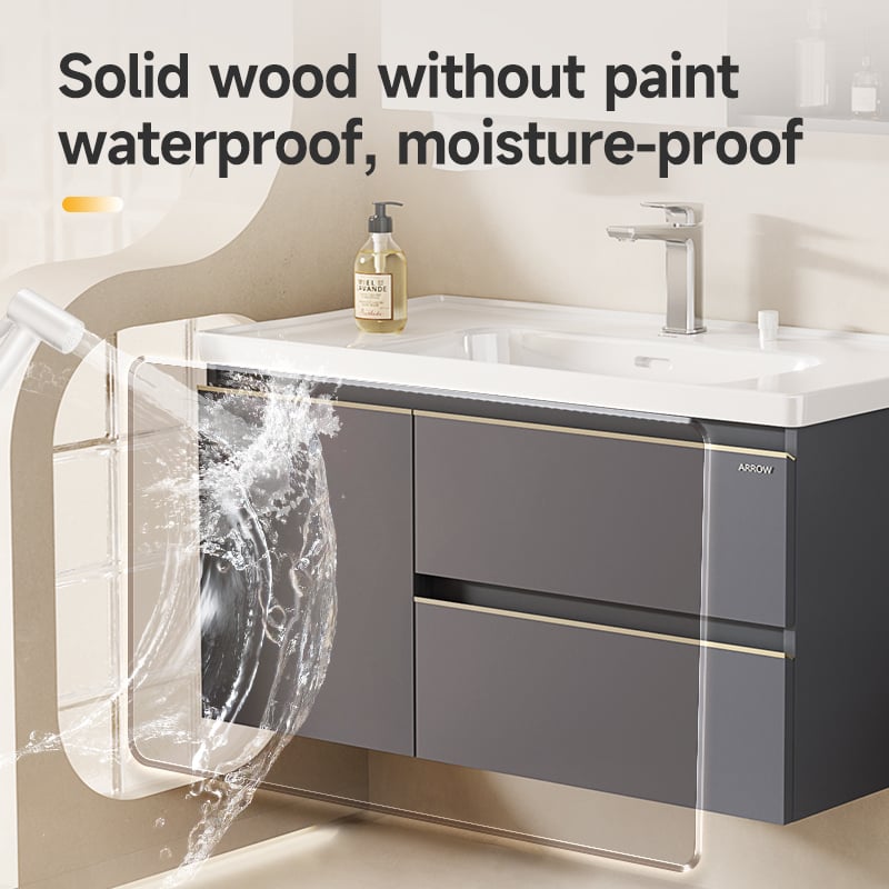 Ceramic Wash Basin Combination Solid Wood Bathroom Cabinet with Led Light Mirror Wall Cabinet FuGuang Series