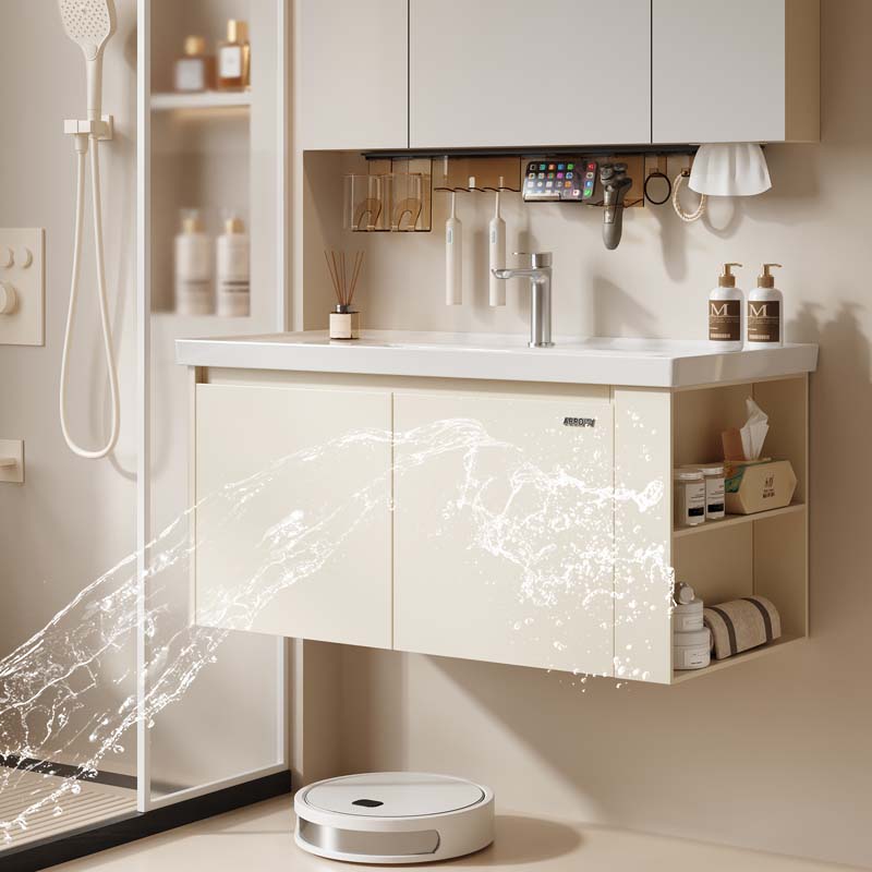 ARROW Stainless Steel Bathroom Cabinet with Smart LED Mirror and Ceramic Wash Basin Wall Mount Set Side Right Open Storage Shelf