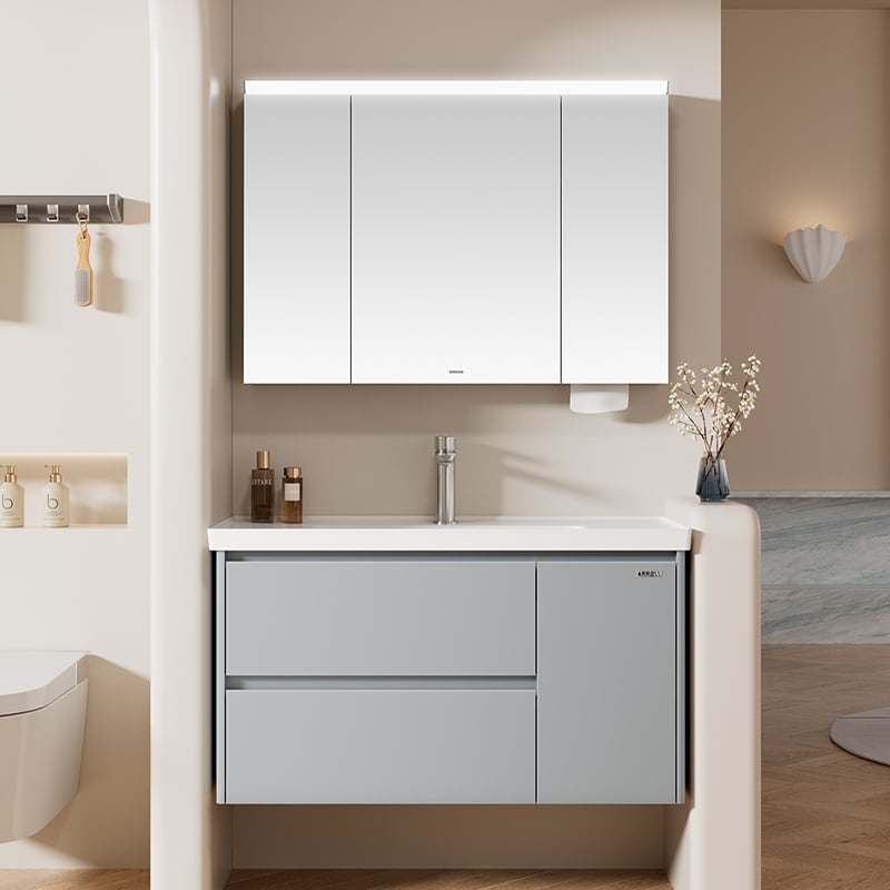 Szafka łazienkowa ARROW z lustrem LED ze stali nierdzewnej do projektu mieszkania Arrow – nowoczesna szafka łazienkowa z metalową konstrukcją i wbudowaną umywalką ceramiczną