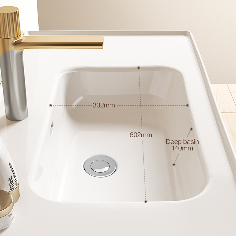 ARROW Bathroom Cabinet with Walnut Wood One-piece Ceramic Sink & LED Lighting