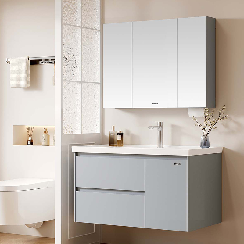 ARROW Apartment Project Stainless Steel LED Mirror Cabinet Bathroom Vanity Modern Metal Cabinet with Integrated Ceramic Basin