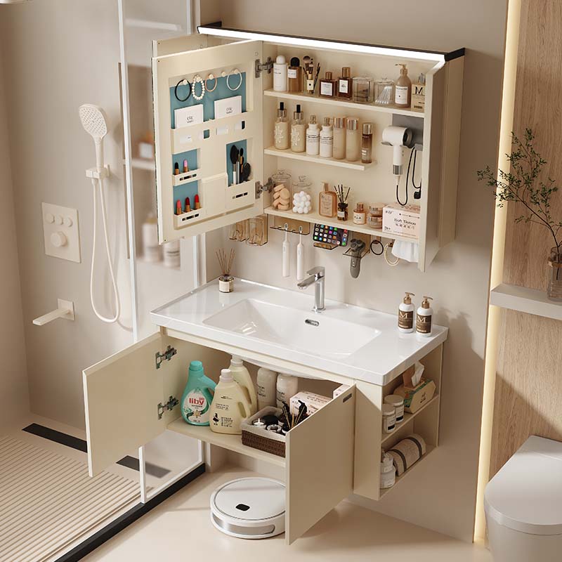 ARROW Stainless Steel Bathroom Cabinet with Smart LED Mirror and Ceramic Wash Basin Wall Mount Set Side Right Open Storage Shelf