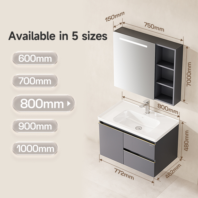 Ceramic Wash Basin Combination Solid Wood Bathroom Cabinet with Led Light Mirror Wall Cabinet FuGuang Series