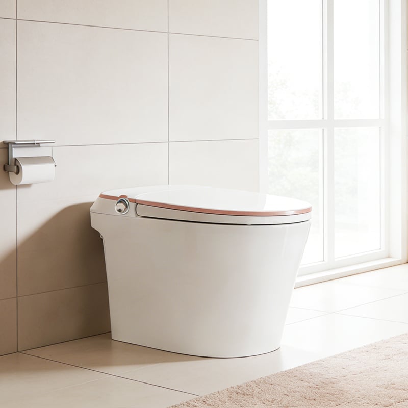 مستشعر تلقائي لغسل مرحاض ذكي من قطعة واحدة مع وظيفة الغسل الذاتي للمرحاض (Bidet) ووعاء المرحاض الأوتوماتيكي، ومرحاض ذكي يعمل تلقائيًا مع تحكم عن بُعد وقناة تصريف على شكل حرف S