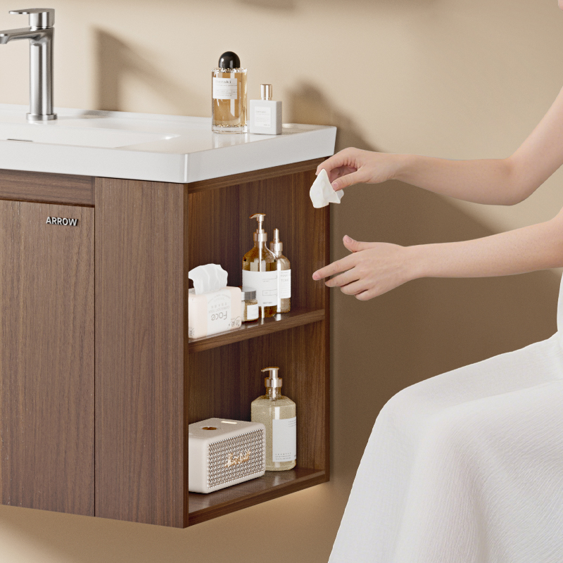 ARROW Bathroom Cabinet with Walnut Wood One-piece Ceramic Sink & LED Lighting
