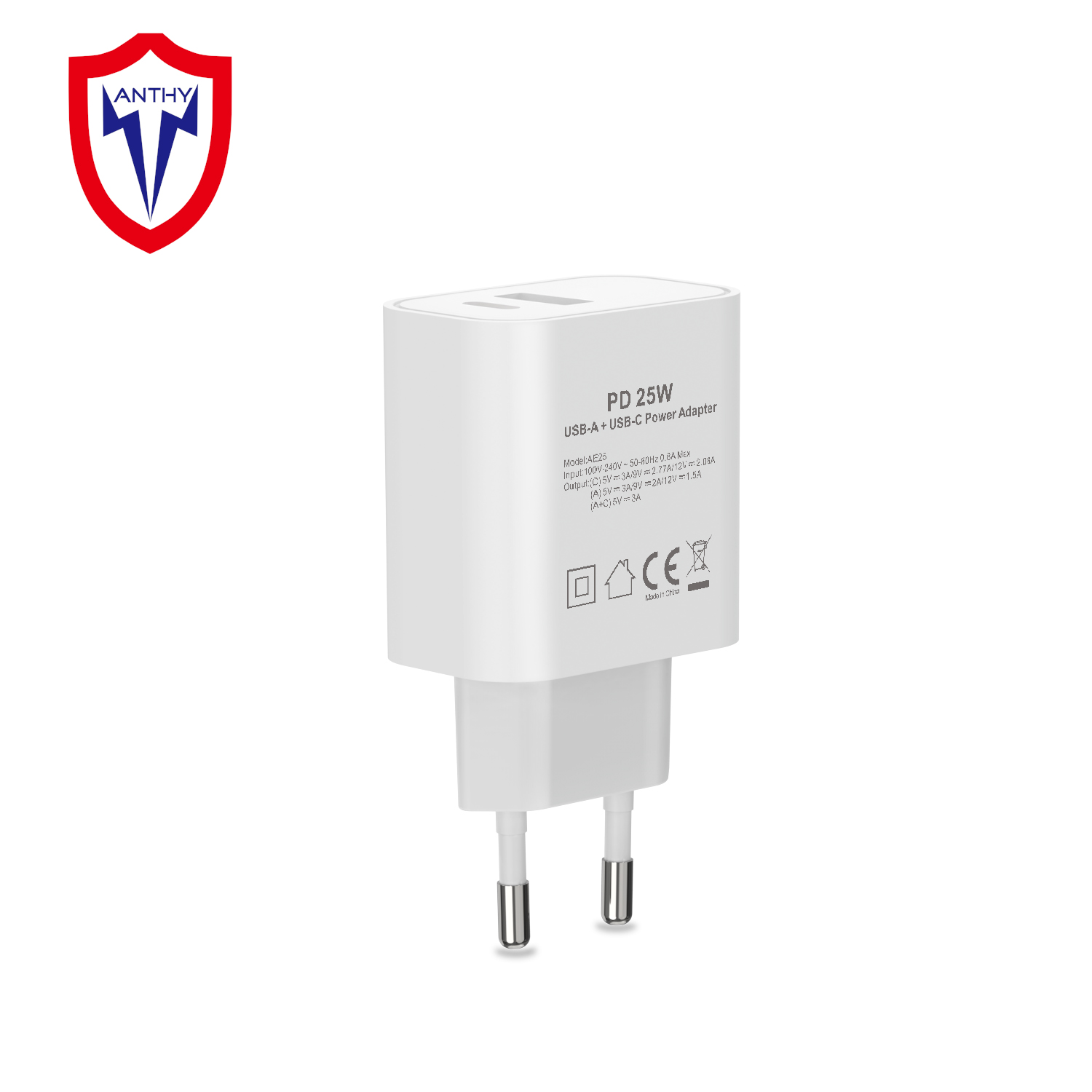 Type C 25W EU Power Socket 2 Outlets 2 Ports Fast Charging QC 3.0 USB C Multi Charger