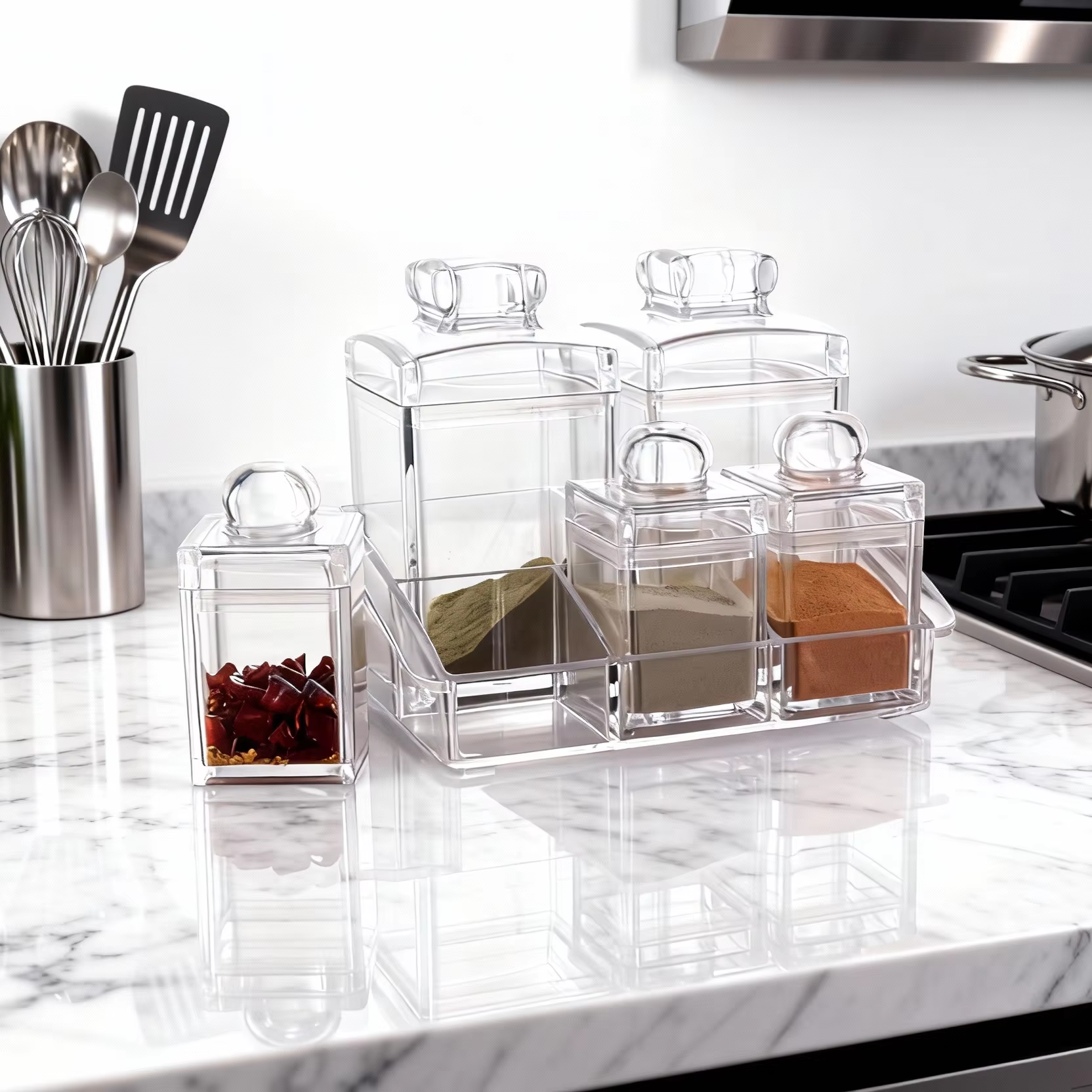 Clear Seasoning Organizer Box - 5-PC Kitchen Spice Jars Set with Lids, Spoons & Tray for Countertop Storage