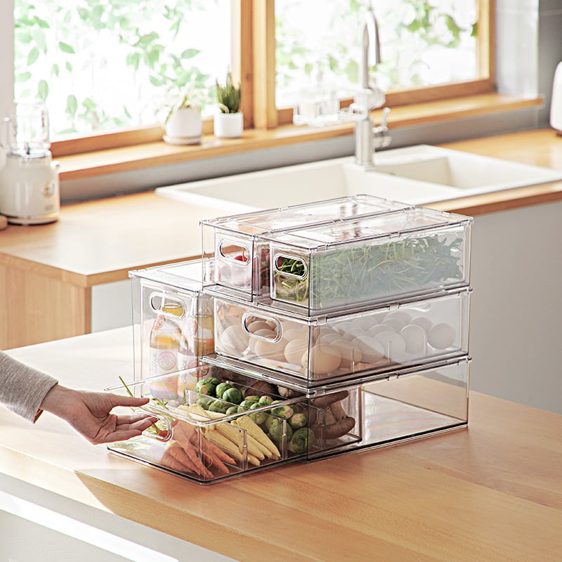 Kitchen Clear Pull-Out Stackable Fruit Food Drink Fridge Organizers and Storage Drawers with Handle