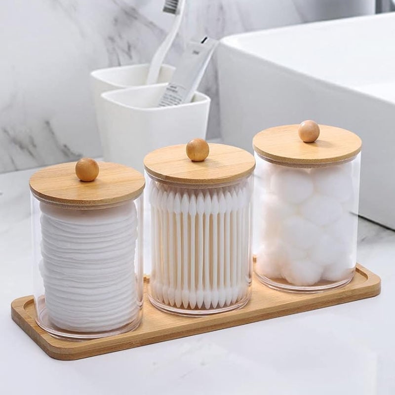 3 Piece Bamboo Bathroom Accessory Set Clear Cotton Swab Storage Box Magnetic Qtip Holder Jewelry Toys Desk Organizing