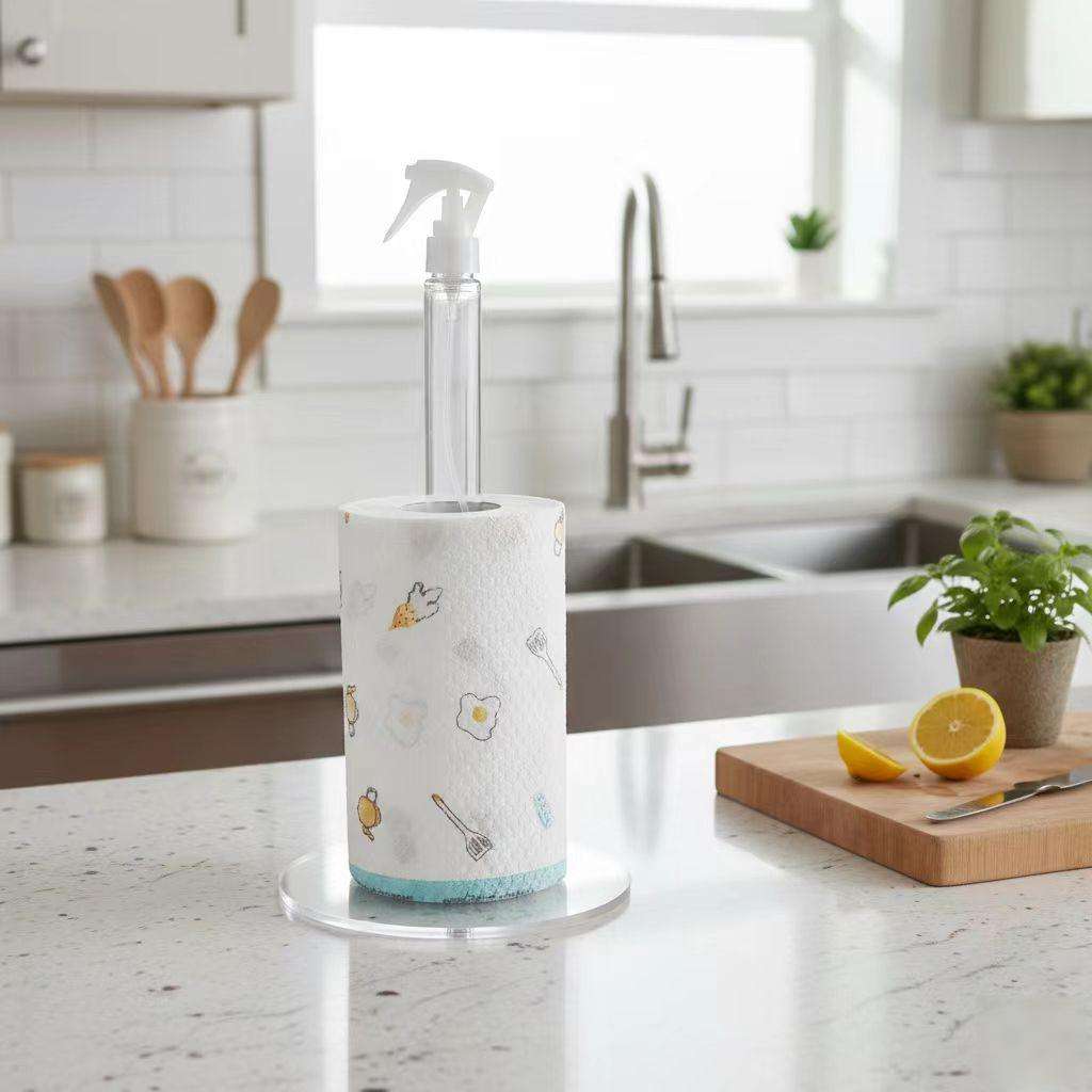 2-in-1 Acrylic Paper Towel Holder with Spray Bottle - Vertical Kitchen Organizer for Countertop Tissues & Cleaning