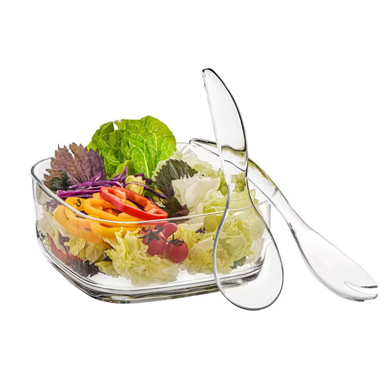 Kitchen Clear Acrylic Fruit Vegetable Food Serving Mixing Container Square salad bowl with serving utensils