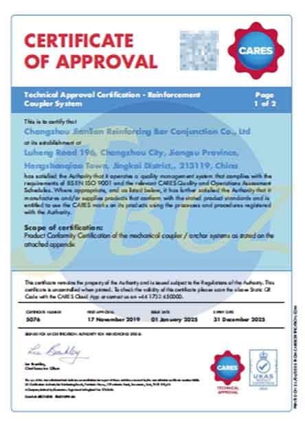 Technical Approval Certification-Reinforcement coupler system