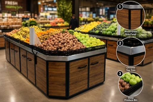 What do you know about the placement of fruit and vegetable shelves in supermarkets?