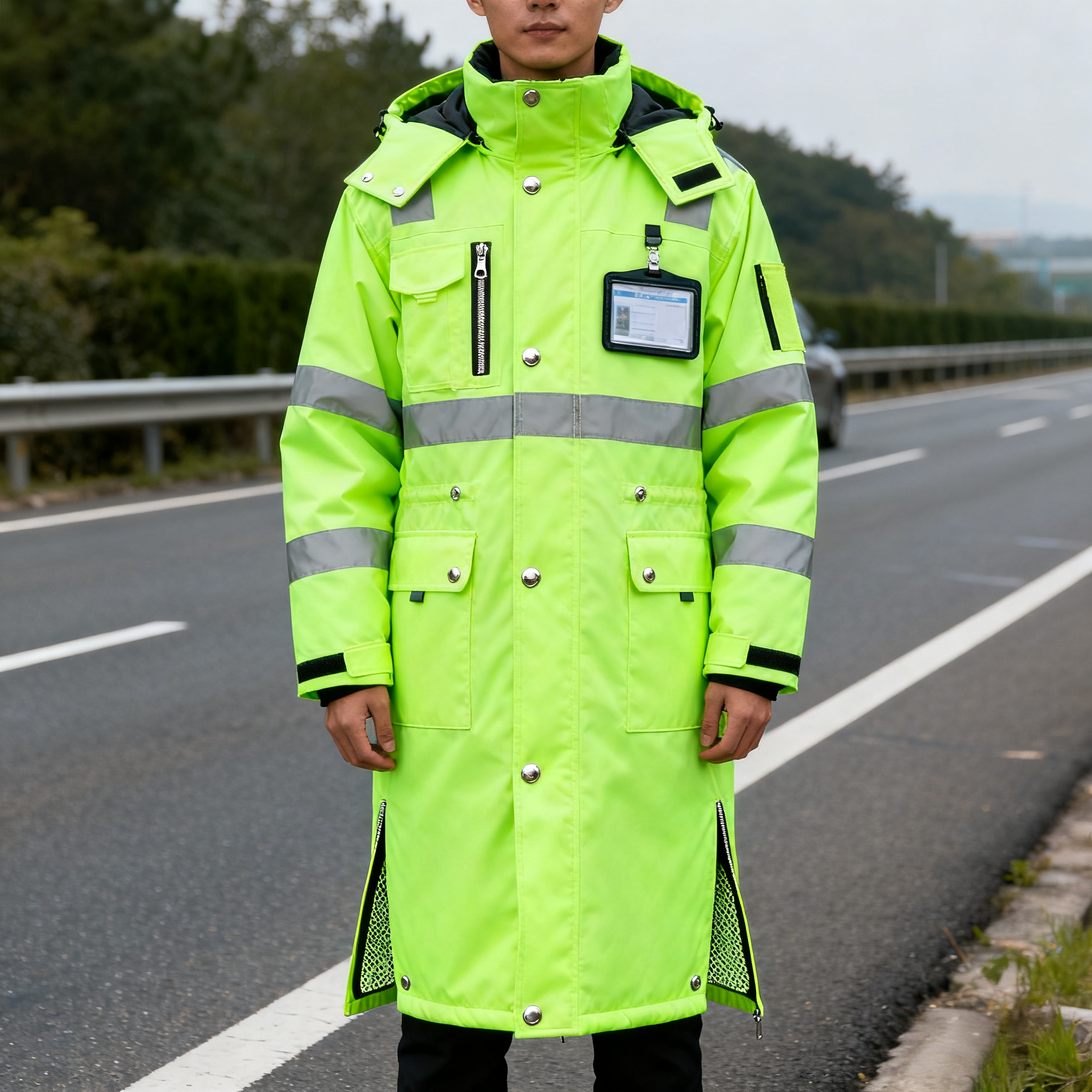 Parka de alta visibilidad clase 3 con cierre, totalmente visible en condiciones de poca luz.