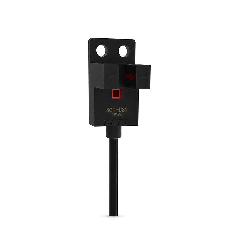 Przemysłowy czujnik fotoelektryczny typu prześwietleniowego z wycięciem SOP-U81, światło podczerwone, średnica otworu 5 mm, tryb działania Light-On/Dark-On, napięcie zasilania DC 5–24 V, do maszyn do zamykania worków, produkcja OEM/ODM