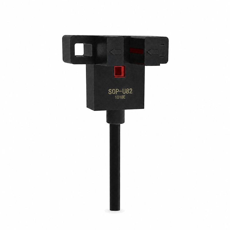 Przemysłowy czujnik fotoelektryczny typu wycięciowego SOP-U82, 5 mm, przełącznik optyczny z rowkiem, wyjście NPN/PNP, napięcie zasilania DC 5–24 V, częstotliwość pracy 3 kHz, stopień ochrony IP50, do maszyn do etykietowania, sprzedaż hurtowa