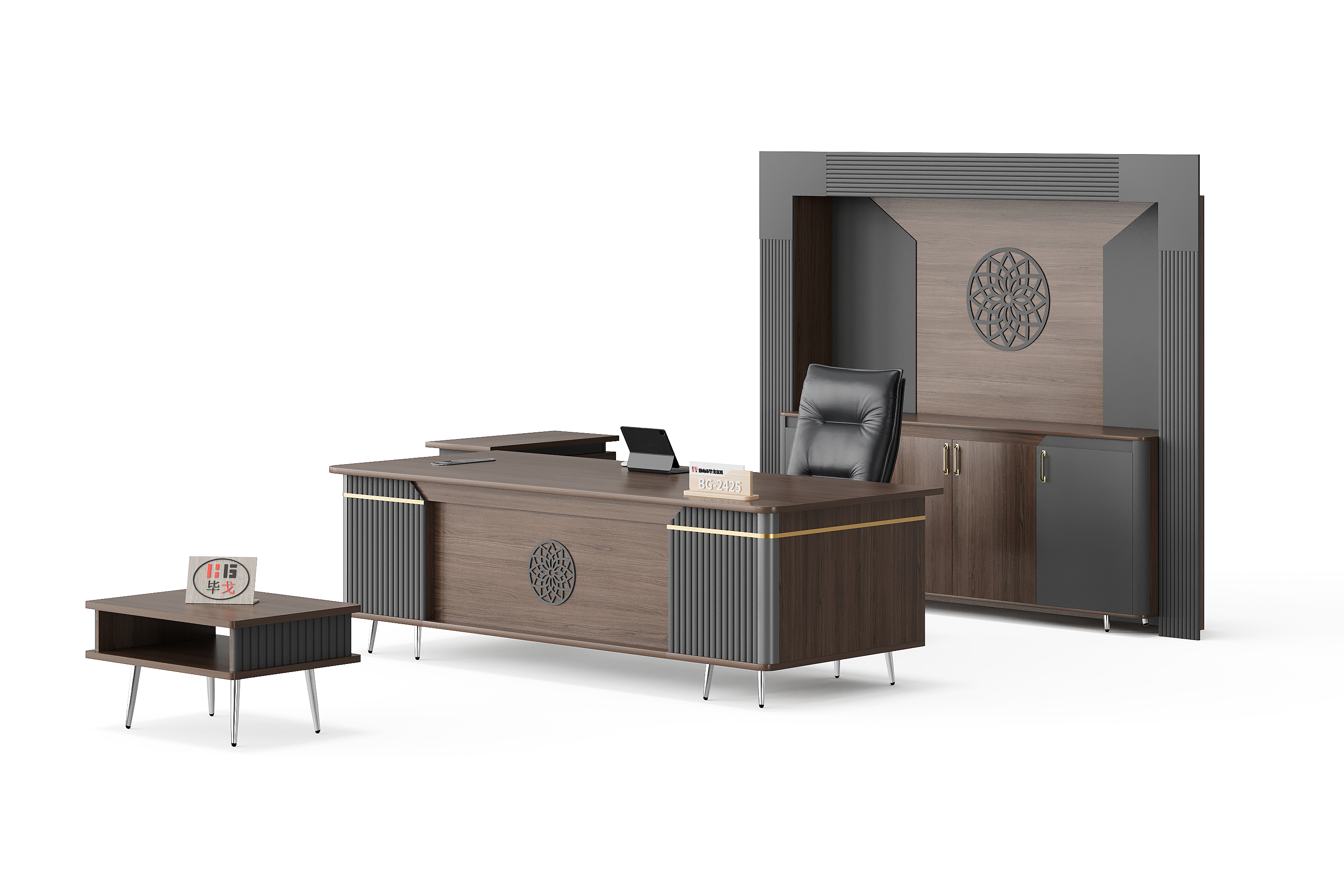 Modern Style Melamine and Iron Office Table + Side Table with Cabinet and Coffee Table