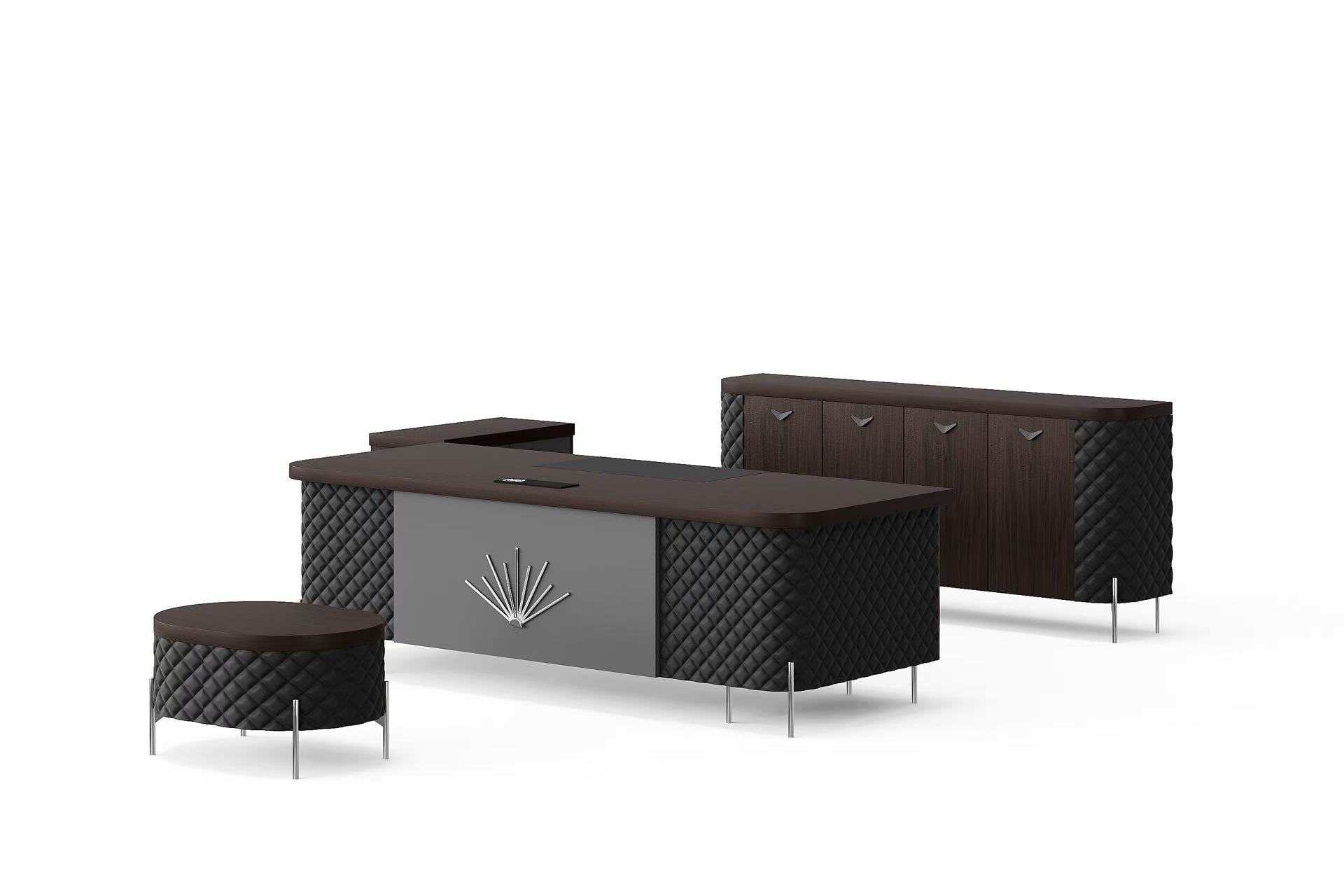 Traditional Style Melamine and Iron with PU Material Office Table + Side Table with Cabinet and Coffee Table