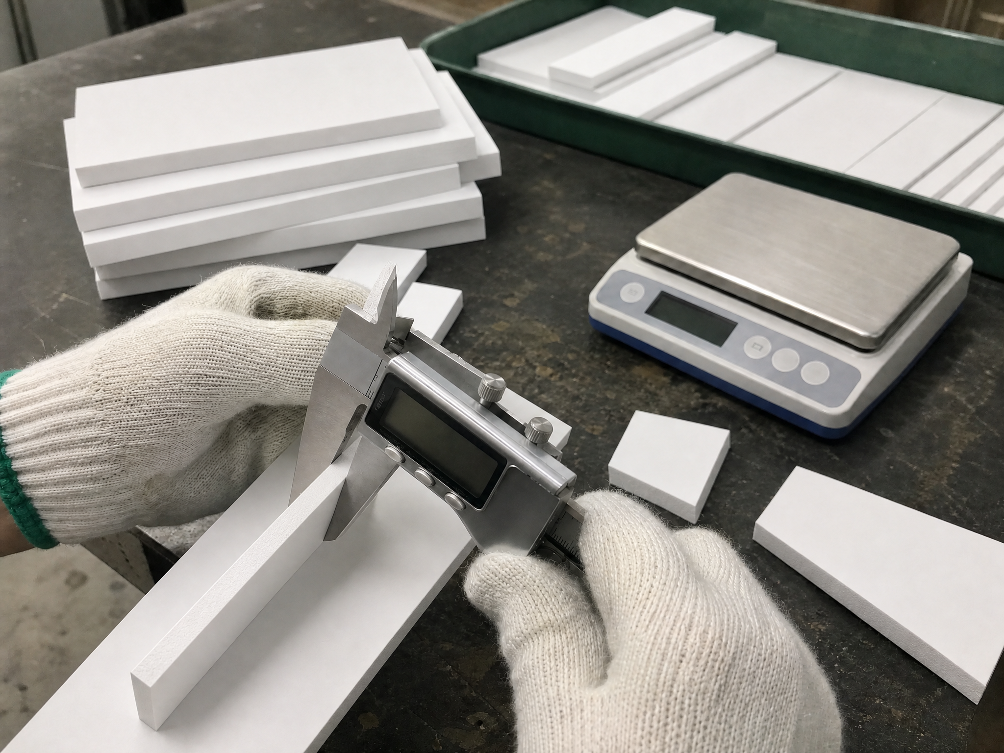 Factory QC check using a caliper, scale and cut board samples..png