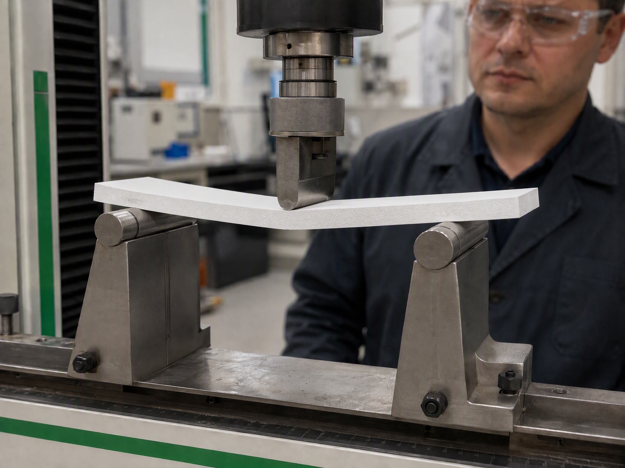 Three-point flexural testing of a PVC foam board specimen..png
