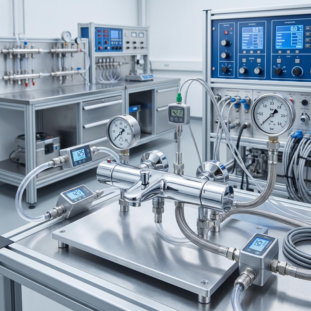 Quels sont les paramètres clés d’un rapport d’essai professionnel en laboratoire concernant les performances des mitigeurs thermostatiques ?