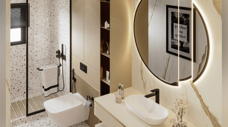 Luxury Cream Bathroom Vanity With Terrazzo Shower Area product picture (7).webp