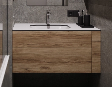 Modern Grey Wood Bathroom Vanity With Bathtub Shower Area product picture (10).webp
