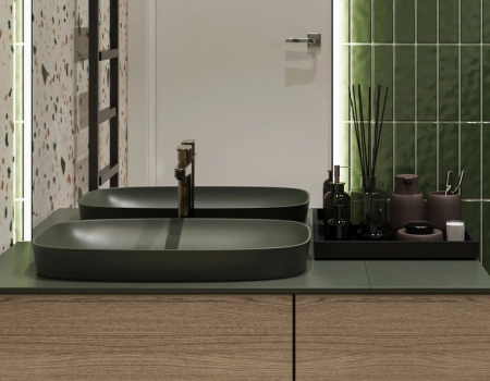 Modern Bottle Green Bathroom Vanity With Terrazzo Wall Tiles product picture (3).webp