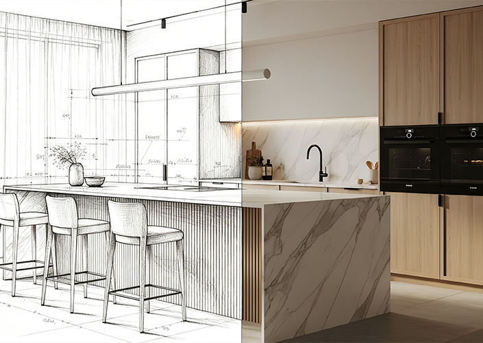Ogni progetto inizia con disegni 2D e 3D accuratamente preparati, che riportano misure precise, materiali e i tuoi obiettivi di design. ALLURE crea soluzioni che bilanciano un intelligente sistema di archiviazione, layout studiati con cura e il tuo stile di vita quotidiano. Ogni progetto è personalizzato in base alle tue abitudini e routine, aiutandoti a visualizzare la casa finale, a prendere decisioni consapevoli e a godere di uno spazio che sia al tempo stesso funzionale ed elegantemente senza sforzo.