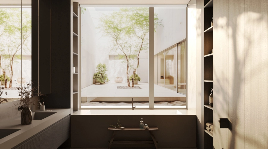 Modern Wood Bathroom Vanity With Courtyard View product picture (6).webp