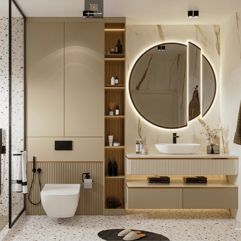 Luxury Cream Bathroom Vanity With Terrazzo Shower Area product picture