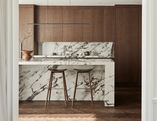 Natural Wood Kitchen Cabinets with Marble Island in Modern L-Shaped Layout