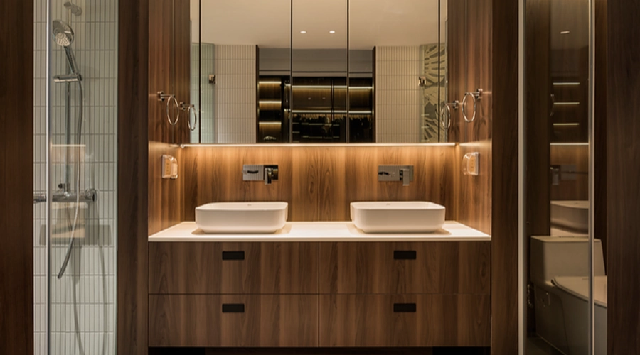 Modern Dark Wood Vanity With Double Sink Design product picture (6).webp