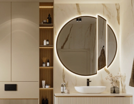 Luxury Cream Bathroom Vanity With Terrazzo Shower Area product picture (8).webp