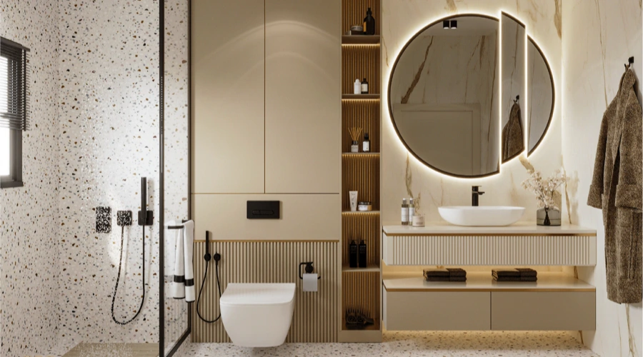 Luxury Cream Bathroom Vanity With Terrazzo Shower Area product picture (5).webp