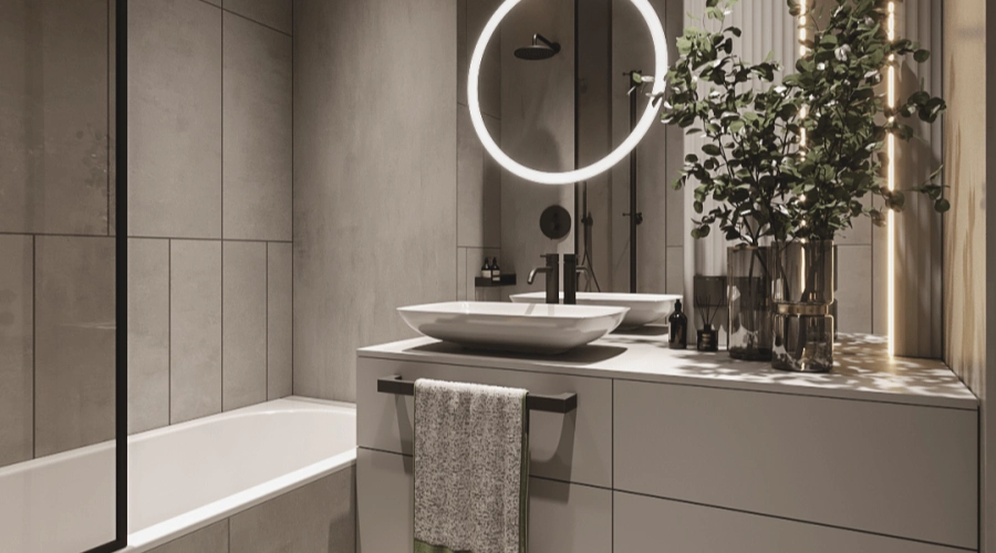 Modern Grey Bathroom Vanity With Hidden Laundry Storage product picture (12).webp