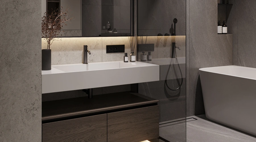 Modern Dark Grey Bathroom Vanity With Wood Storage product picture (7).webp