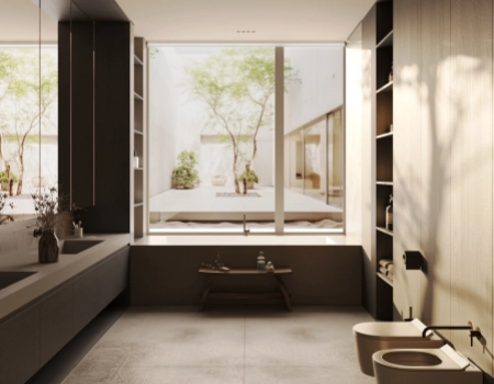 Modern Wood Bathroom Vanity With Courtyard View product picture (9).webp