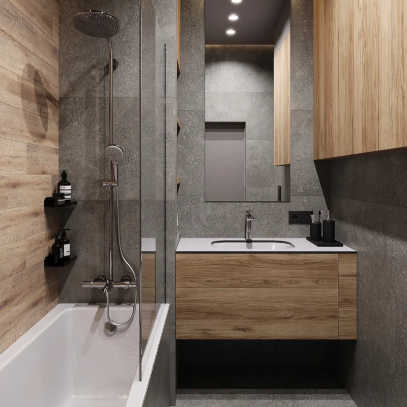 Modern Grey Wood Bathroom Vanity With Bathtub Shower Area product picture