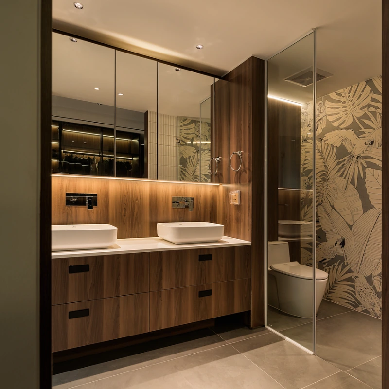 Çift Lavabolu Modern Koyu Ahşap Banyo Dolabı