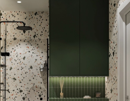 Modern Bottle Green Bathroom Vanity With Terrazzo Wall Tiles product picture (4).webp