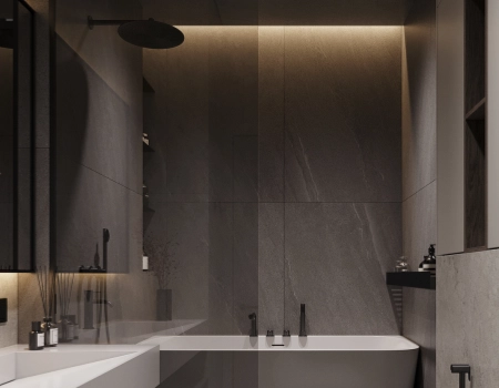 Modern Dark Grey Bathroom Vanity With Wood Storage product picture (11).webp
