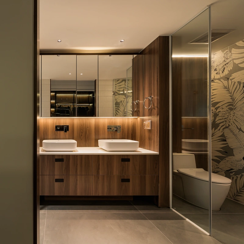 Çift Lavabolu Modern Koyu Ahşap Banyo Dolabı