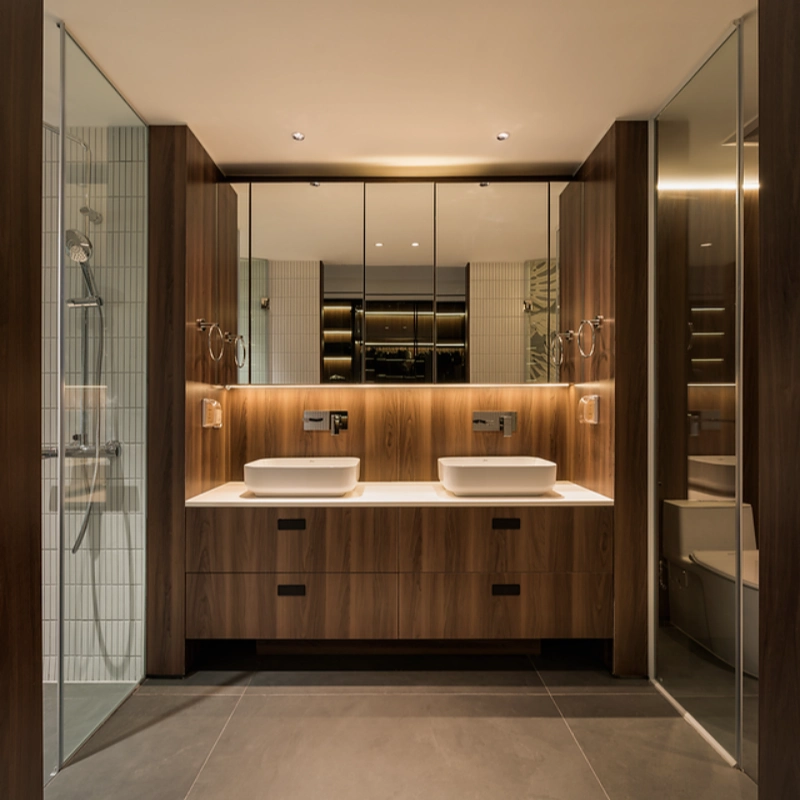 Çift Lavabolu Modern Koyu Ahşap Banyo Dolabı