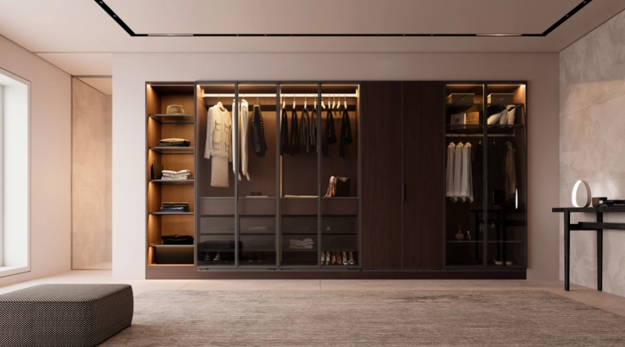 Larawan ng produkto ng Luxury Dark Wood Wardrobe With Glass Doors