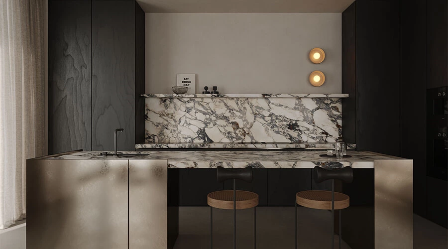 Modern Black Wood Cabinets with Marble Counters