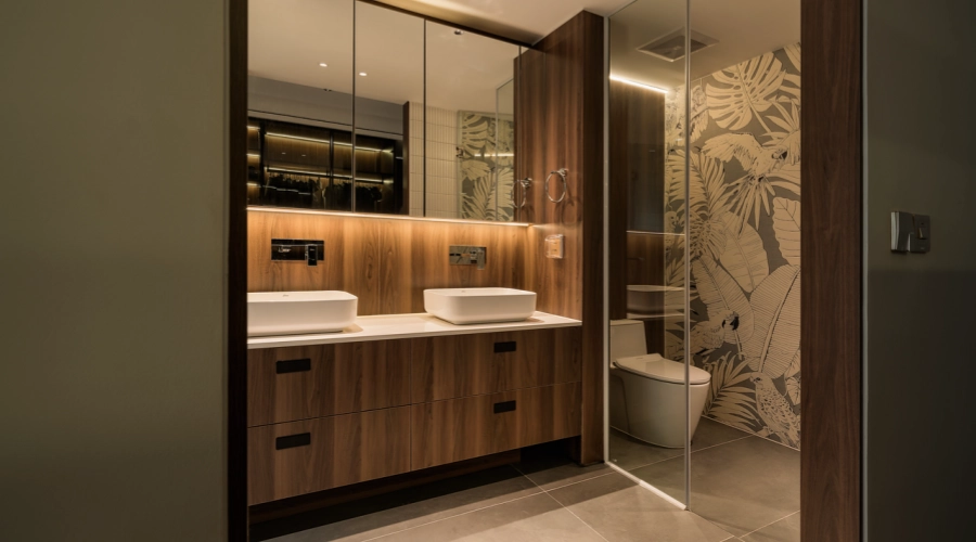 Modern Dark Wood Vanity With Double Sink Design product picture (5).webp