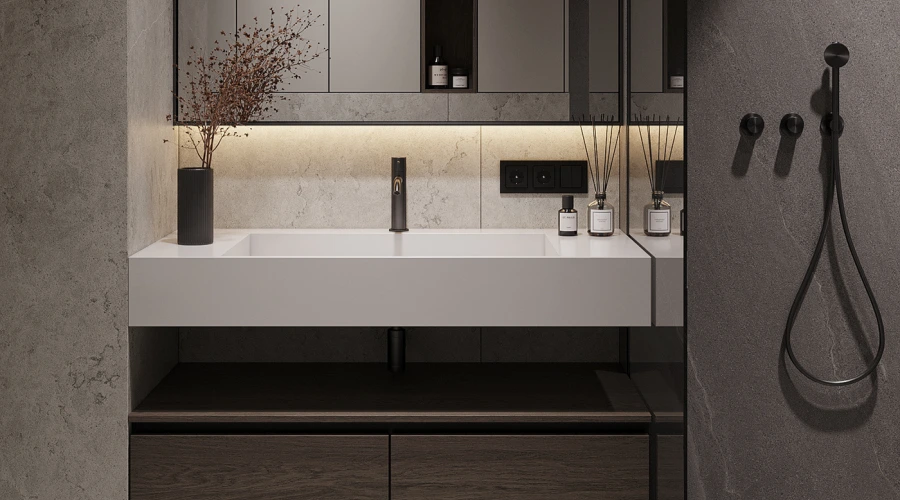 Modern Dark Grey Bathroom Vanity With Wood Storage product picture (6).webp