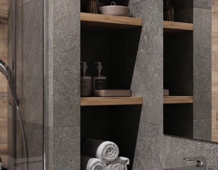 Modern Grey Wood Bathroom Vanity With Bathtub Shower Area product picture (11).webp